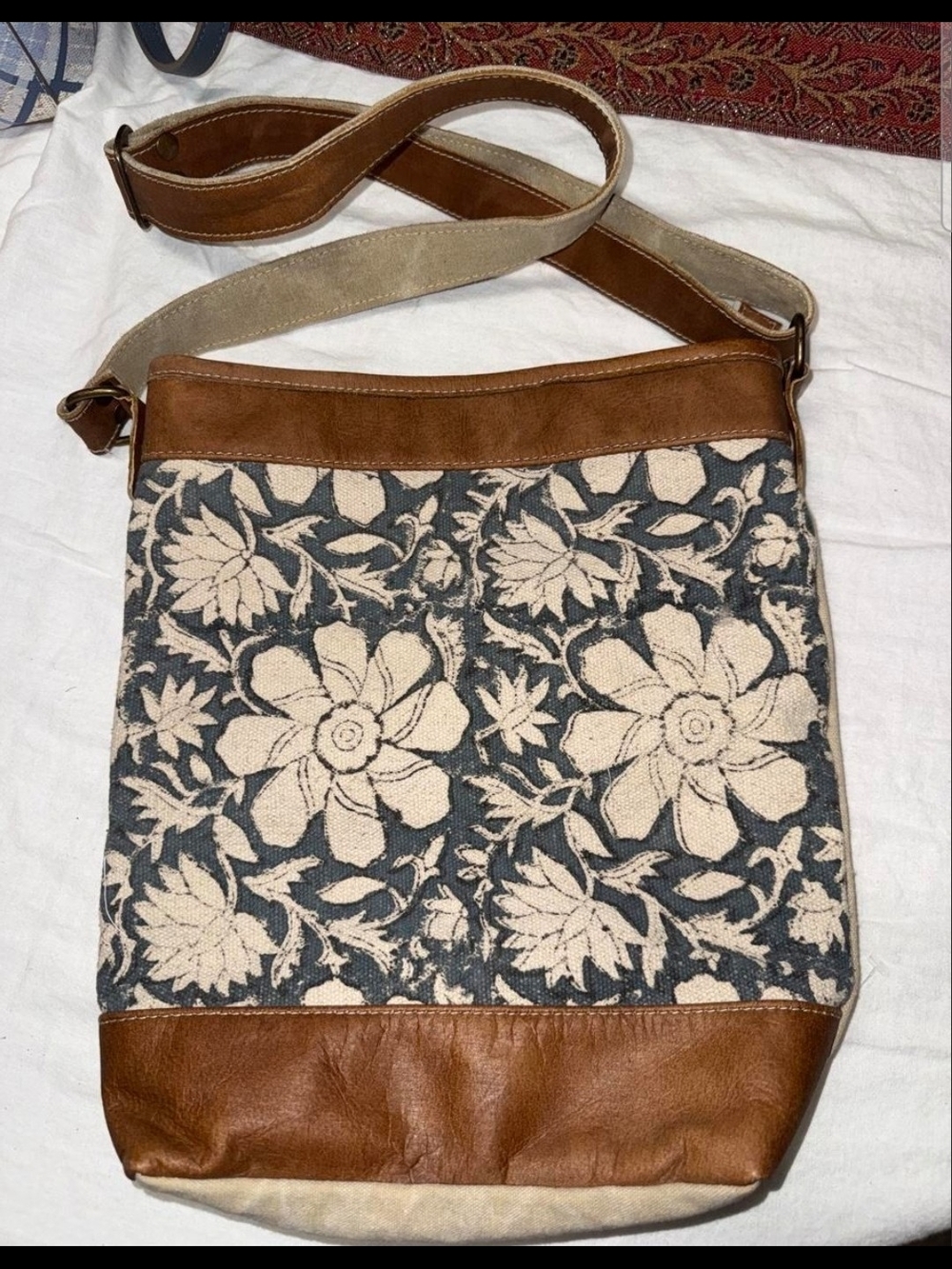 Floral Recycled Canvas Crossbody Bag in Brown and Cream